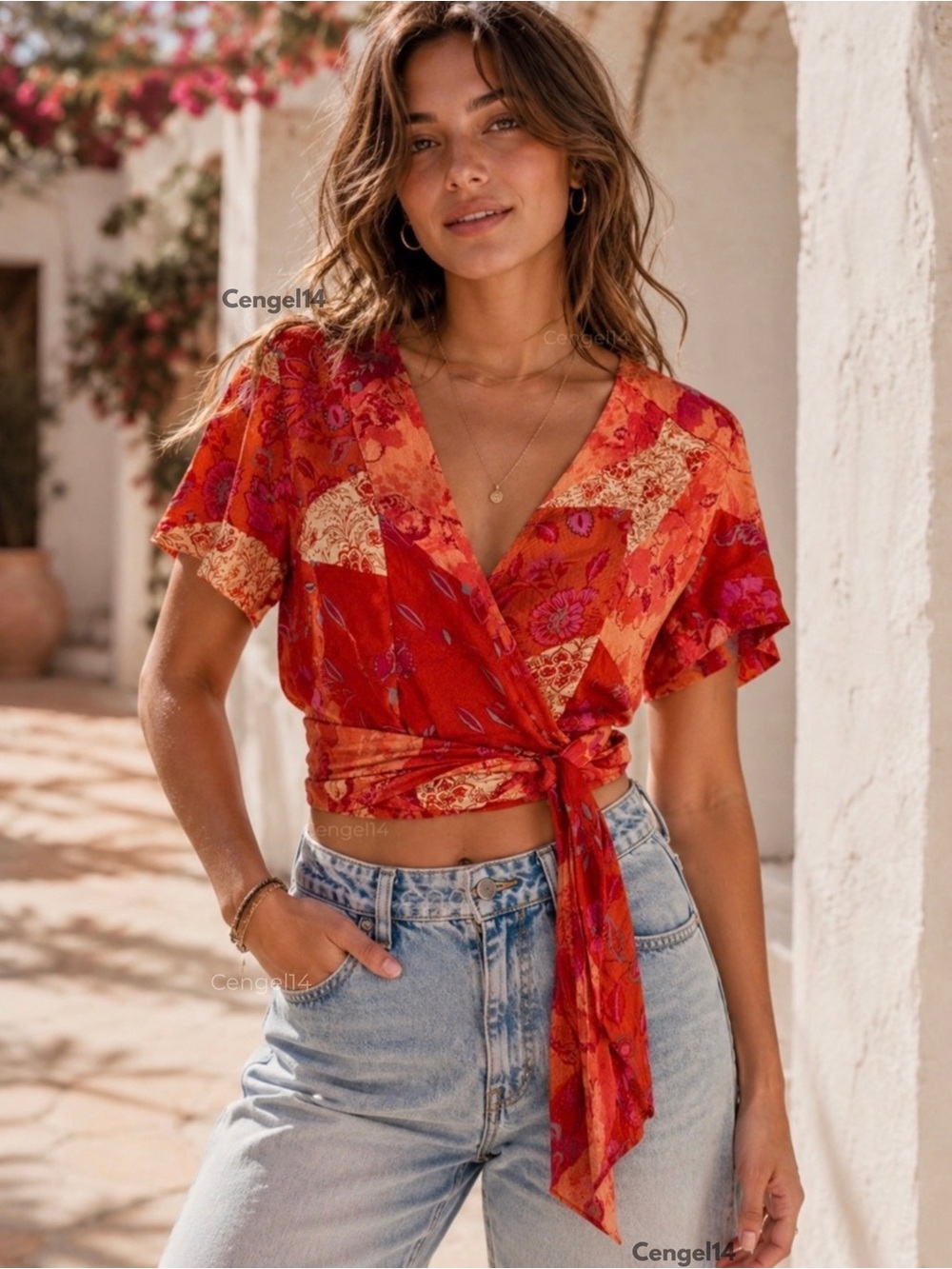 Free People Ashley Summer Wrap Crop Top Fun Combo Patchwork L NWT